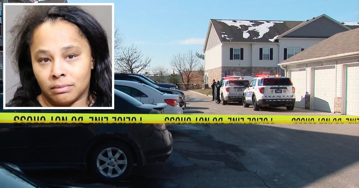 Inset: Laquandra Williams (Columbus Division of Police). Background: Authorities responding to the scene where she shot and killed her son (WBNS)