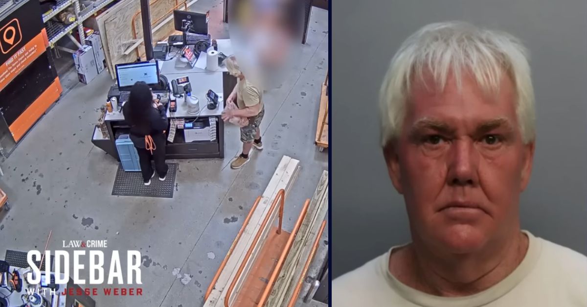 Left: Surveillance video shows sex offender Kevin Hurley allegedly talking to a 10-year-old girl in line at a Home Depot in Florida. Right: Kevin Hurley (Law&Crime).