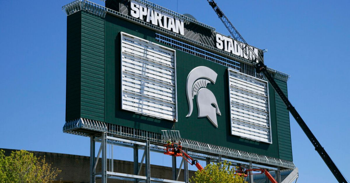 Michigan State's Spartan Stadium video scoreboard system (AP Photo/Al Goldis).