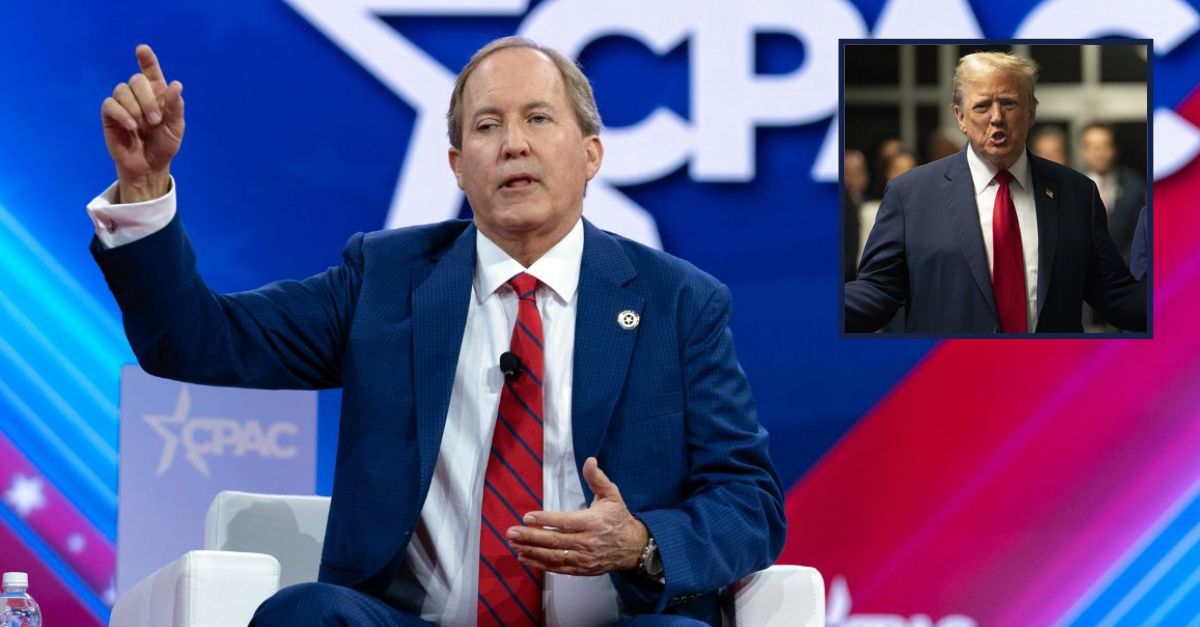 Background: Texas Attorney General Ken Paxton speaks during the Conservative Political Action Conference, CPAC 2024, at the National Harbor in Oxon Hill, Md., Friday , Feb. 23, 2024 (AP Photo/Jose Luis Magana, File). Inset: Former President Donald Trump arrives at Manhattan criminal court in New York, on Thursday, May 16, 2024 (Steven Hirsch/Pool Photo via AP).