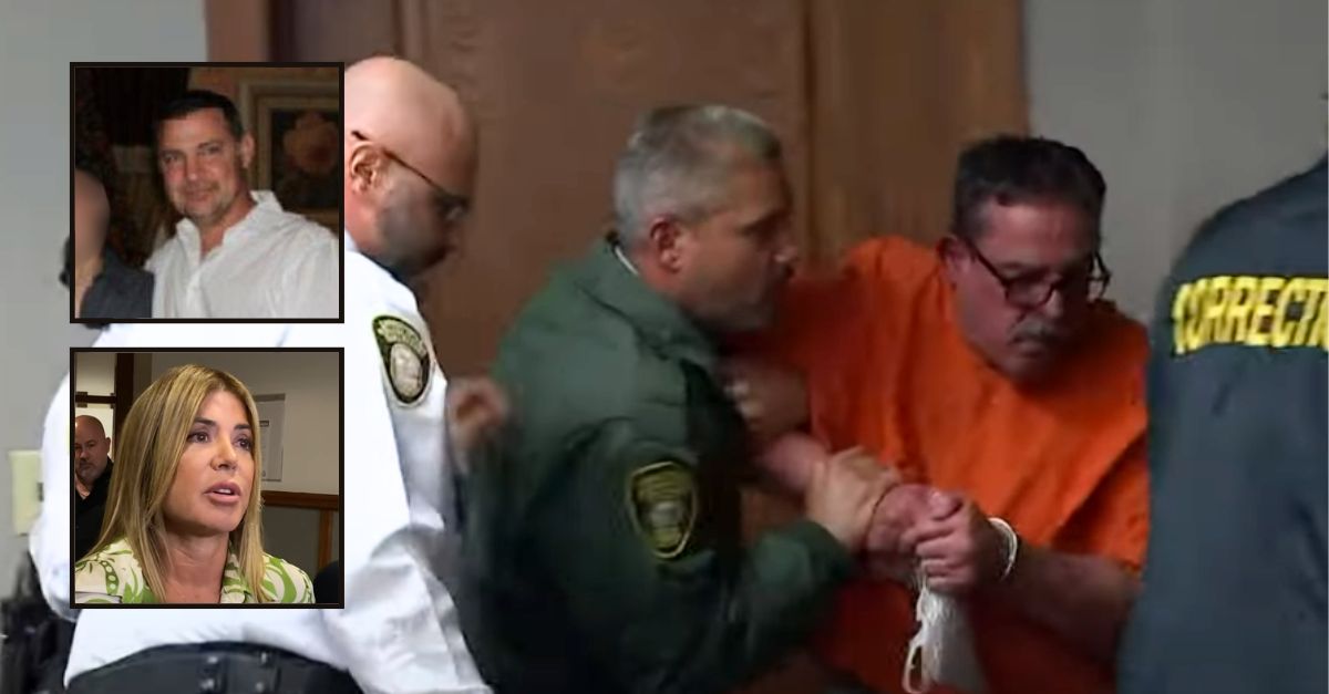 Omar Rodriguez is dragged out of a Florida courtroom on Aug. 15, 2024, after he screamed at Lisette Rey, the wife of Jose Rey, the man Rodriguez killed in 2015 after a dispute over dog poop (Miami Herald/YouTube). Top inset: Jose Rey (GoFundMe). Bottom inset: Lisette Rey speaks to the press in a Florida courthouse after Rodriguez is sentenced on Aug. 15, 2024. (Miami Herald/YouTube). 