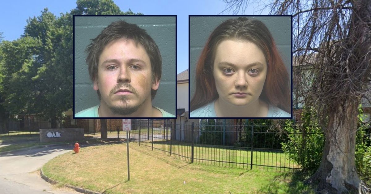 Dakota Dodd appears inset on the left; Aubrianna Freeman appears inset on the right – against an image of the apartment complex where the couple's children were allegedly found covered in feces.