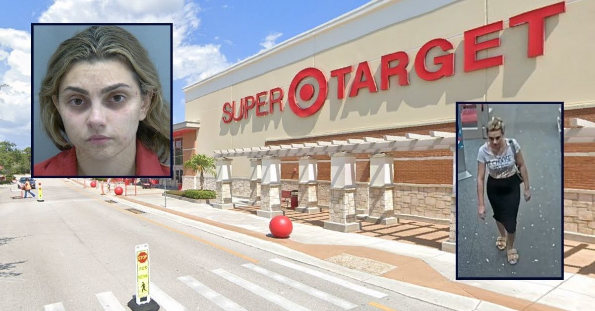 Elizabeth Novac appears in two images; inset against an image of a Target in Florida.
