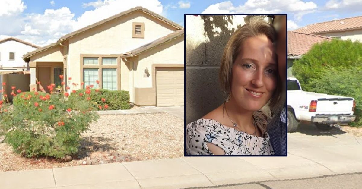 Mary Collier appears inset against an image of her home in Arizona.