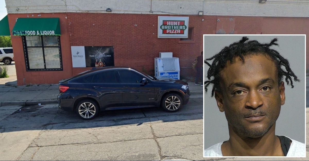 Inset: Charles J. Leggett (Milwaukee County Jail). Background: The store where he allegedly killed the cashier over his pizza order (Google Maps).