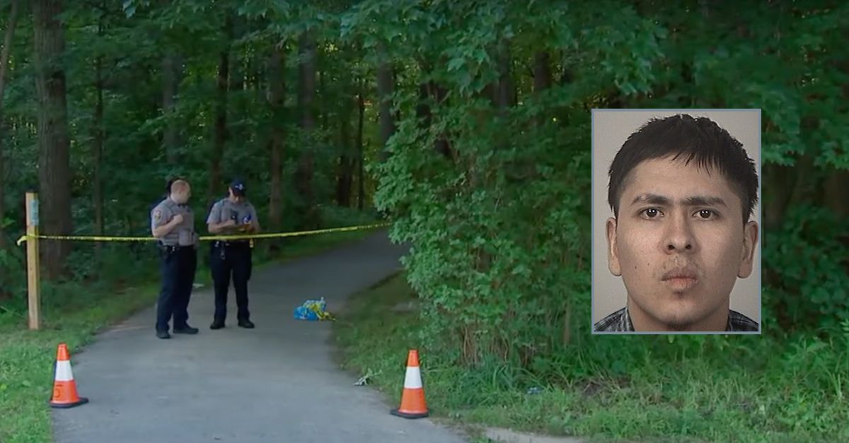 Inset: Elmer Alas Candray. Background: The location where a victim of MS-13 was found in Virginia. (WTTG).