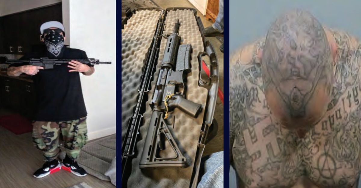 From left to right: A suspected member of the Peckerwoods gang holds a rifle, a photo of a firearm that one of the suspects posted on Facebook Messenger, and the head of a Peckerwood with Nazi tattoos (U.S. Attorney