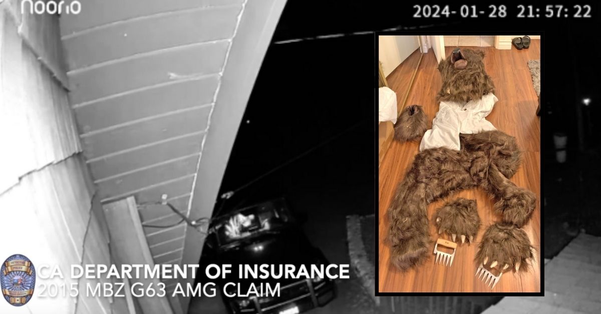 Inset: The bear suit that was allegedly used to commit insurance fraud (California Department of Insurance). Background: Screenshot from bear attack videos (California Department of Insurance).