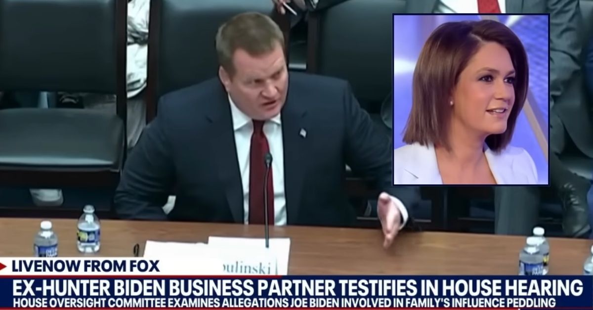 Background: Tony Bobulinski testifying before the House Committee on Oversight and Accountability (LiveNow from Fox/YouTube). Inset: Jessica Tarlov (Fox News/YouTube). 