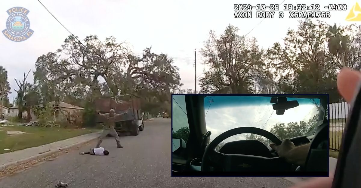 Inset: Body camera footage from the Sarasota Police officer who struck Gerard Butler with his patrol car (Sarasota (Fla.) Police Department). Background: Gerard Butler laying in the street after being hit by a Sarasota Police officer (Sarasota (Fla.) Police Department).