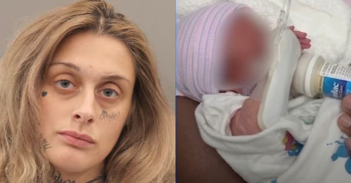 From left to right: Juniper Bryson (Harris County Jail) and the newborn Bryson is accused of trying to sell (KTRK).