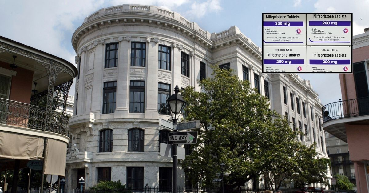 Background: FILE - The rear view on Chartres Street of the newly renovated home of the Louisiana Supreme Court located in the French Quarter of New Orleans, May 10, 2004. Louisiana’s Supreme Court on Tuesday, June 27, 2023, sidestepped a ruling on the constitutionality of legislation that gives victims of childhood sexual abuse a renewed chance to file lawsuits after the usual time limits for such suits has expired (AP Photo/Judi Bottoni, File). Inset: Boxes of the drug mifepristone sit on a shelf at the West Alabama Women