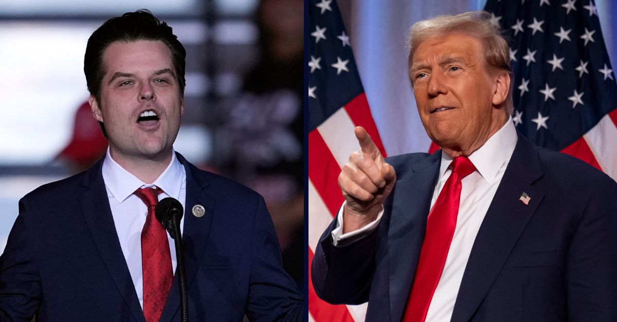 Left: Rep. Matt Gaetz, R-Fla., speaks before Republican presidential nominee former President Donald Trump speaks at a campaign rally at Lee