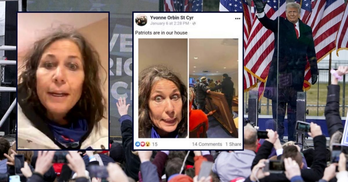 Yvonne St. Cyr appears inset in two images against one image of former president Donald Trump at the Jan. 6, 2021 rally in Washington, D.C.