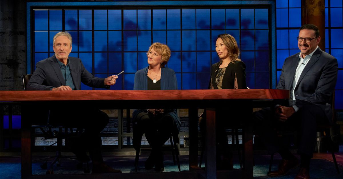 Virginia Chau, second from right, appears on “The Problem with Jon Stewart" (AppleTV+).