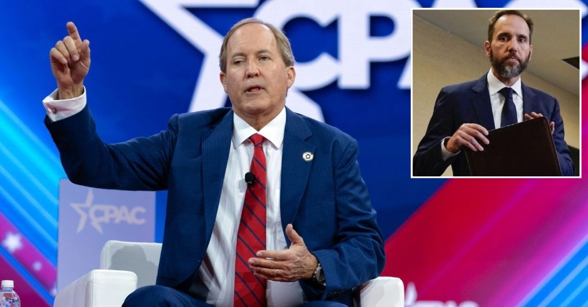 Main: Texas Attorney General Ken Paxton speaking during CPAC in February 2024 (AP Photo/Jose Luis Magana, File). Inset: Jack Smith speaks in August 2023 (AP Photo/Jacquelyn Martin). 