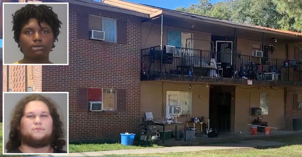 Inset, top to bottom: Kiara Davis and Miguel Badillo (Muscogee County Jail). Background: The home where the victim died (WTVM).