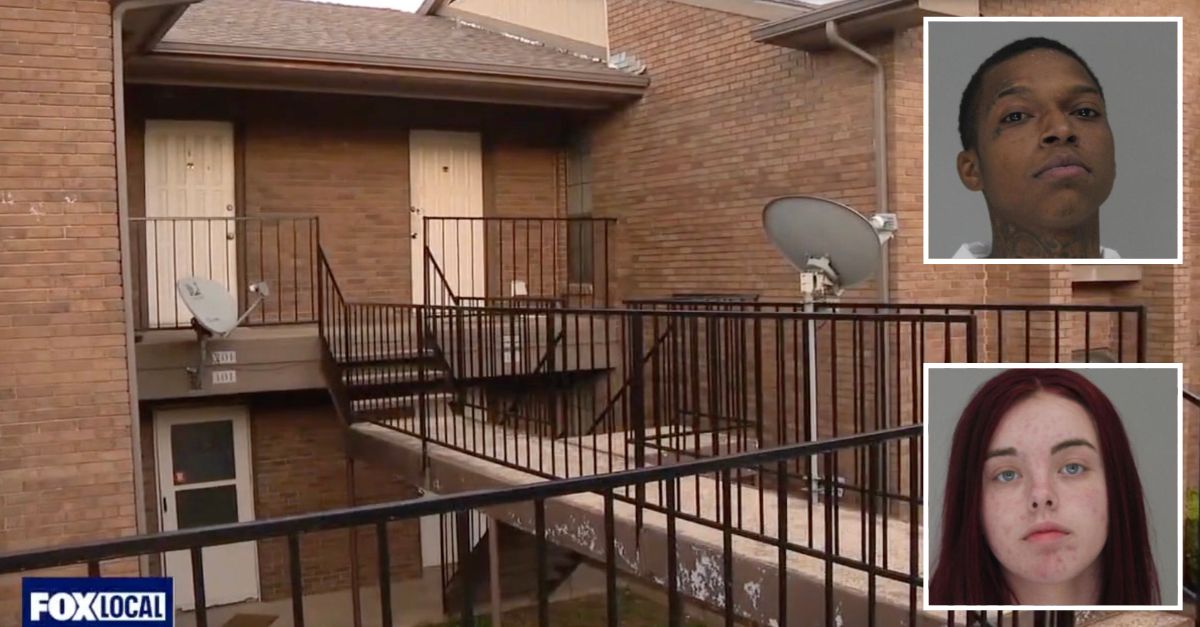 Inset, top to bottom: Leo Moore and Haley Barber (Dallas County Jail). Background: The condo where they allegedly killed Johnny Mac Ross Jr. (KDFW).