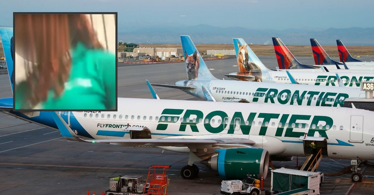 Background: Frontier Airlines jets sit at gates at Denver International Airport on Sept. 22, 2019, in Denver, Colo. (AP Photo/David Zalubowski, File). Inset: Frontier Airlines gate agent (WSB Atlanta).