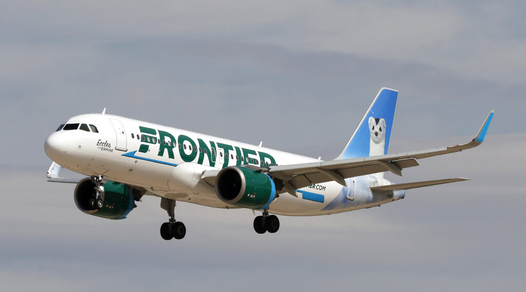 An Airbus A320neo jetliner, belonging to ultra-low-cost carrier Frontier Airlines (parent company Indigo Partners), lands at McCarran International Airport in Las Vegas, Nv., on Tues., Feb. 26, 2019. (Larry MacDougal via AP)