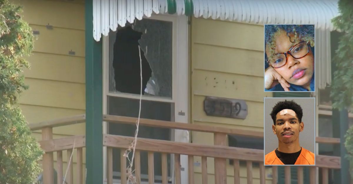 Top inset: Synthia Elliott (Good Shepherd Funeral & Cremation Services). Bottom inset: Selassie Spencer (Omaha Police Department). Background: the home where Synthia was killed (KMTV).