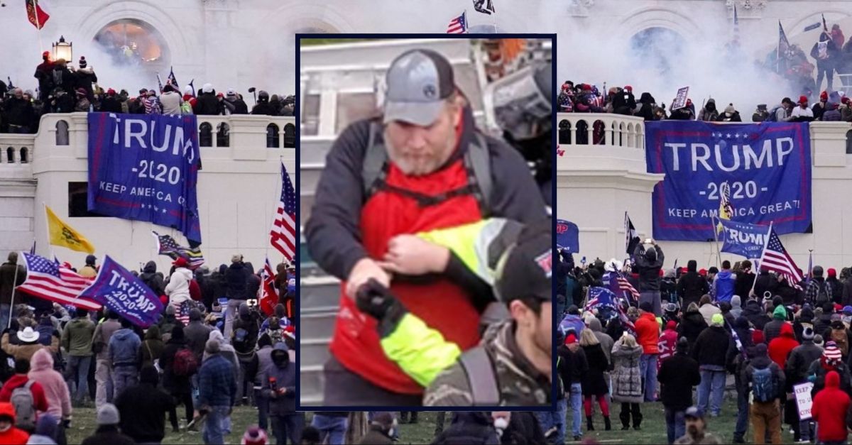 Background: Violent rioters supporting President Donald Trump storm the Capitol in Washington, Wednesday, Jan. 6, 2021 (AP Photo/John Minchillo, File). Inset: Thomas Osborne (Federal Bureau of Investigation).