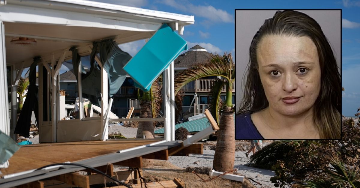 Veronica Torres mugshot against a backdrop of Florida hurricane wreckage