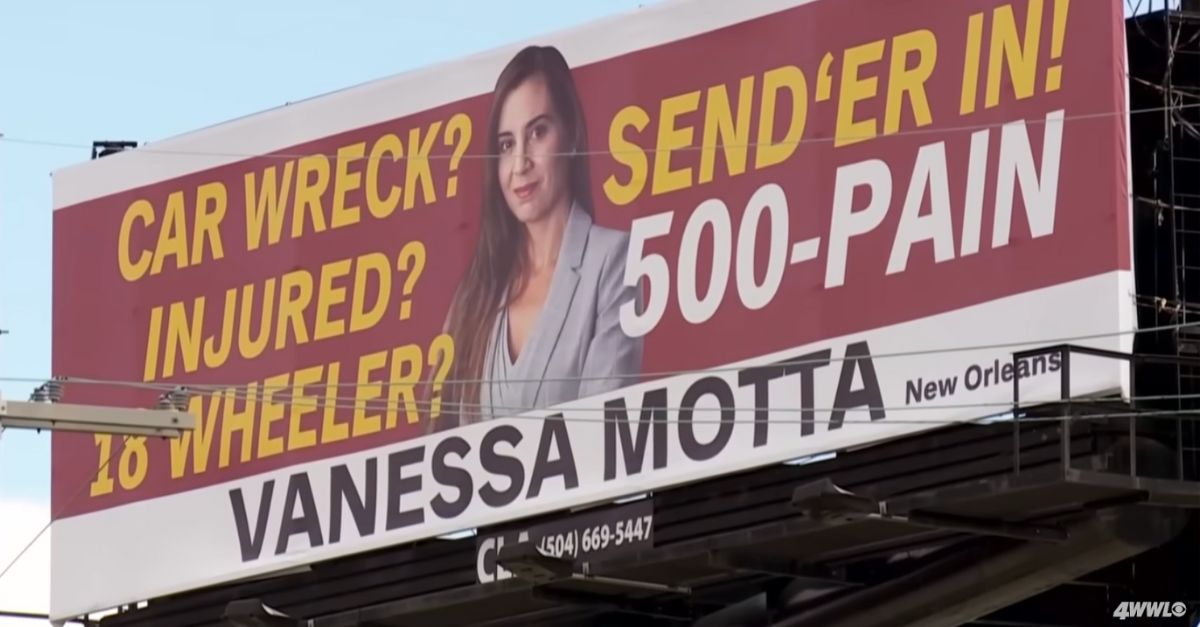 Billboard for accident attorney Vanessa Motta, one of the car crash scam defendants (WWL/YouTube).