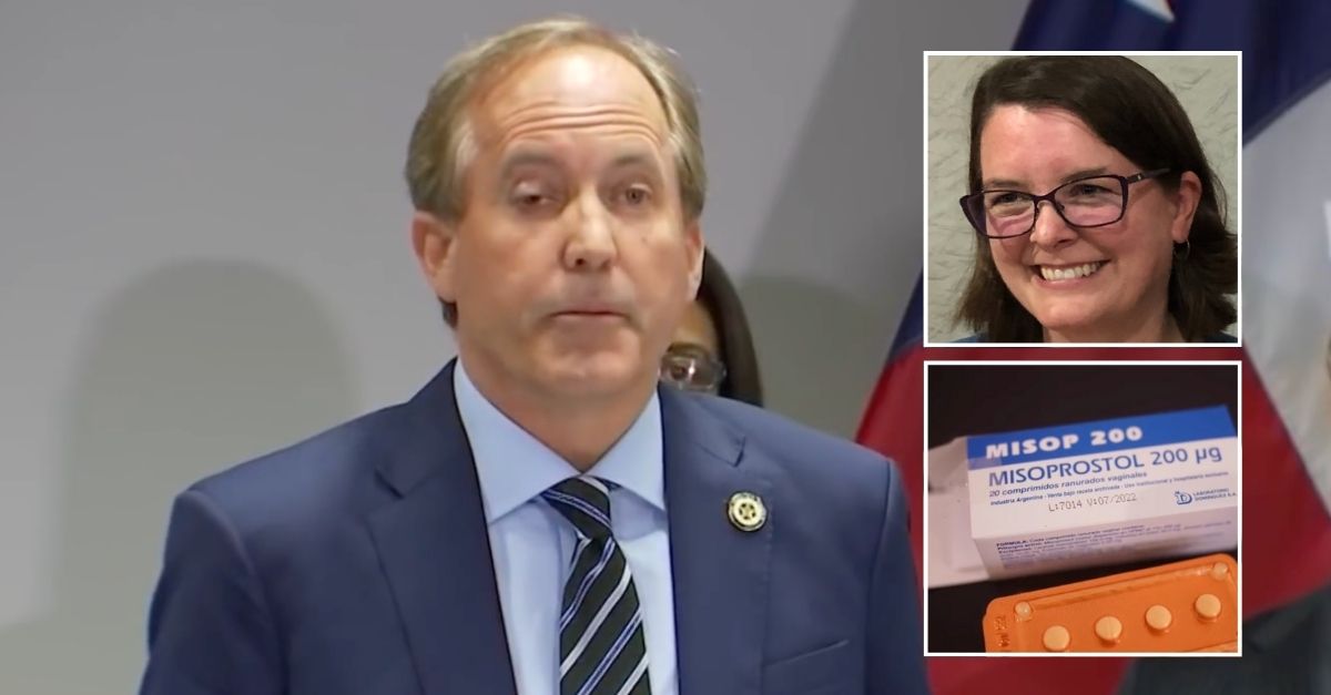 Background: Texas Attorney General Ken Paxton (KVUE/YouTube). Insets: Dr. Margaret Carpenter and misoprostol, one of the medications she