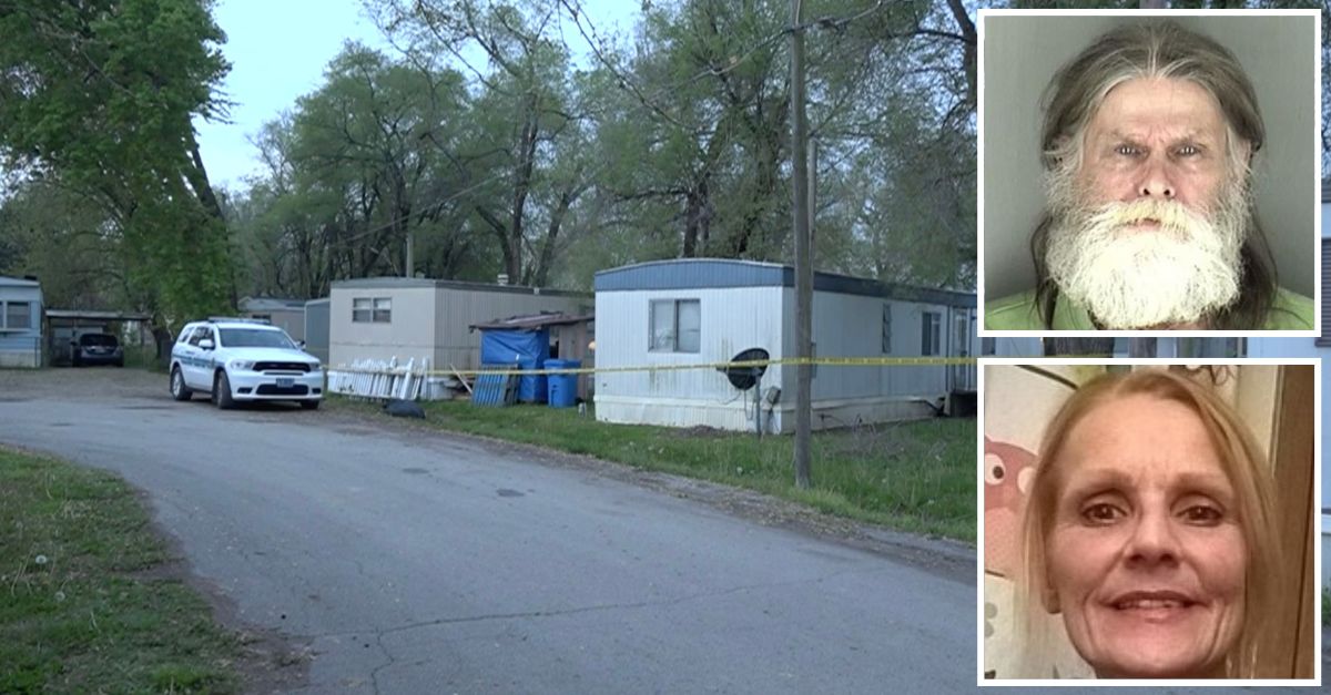 Inset, top to bottom: Jon K. Ewing (Shawnee County Department of Corrections) and Deborah Ann Stephens (Dove Funeral Home). Background: The trailer where Ewing killed Stephens (WIBW).