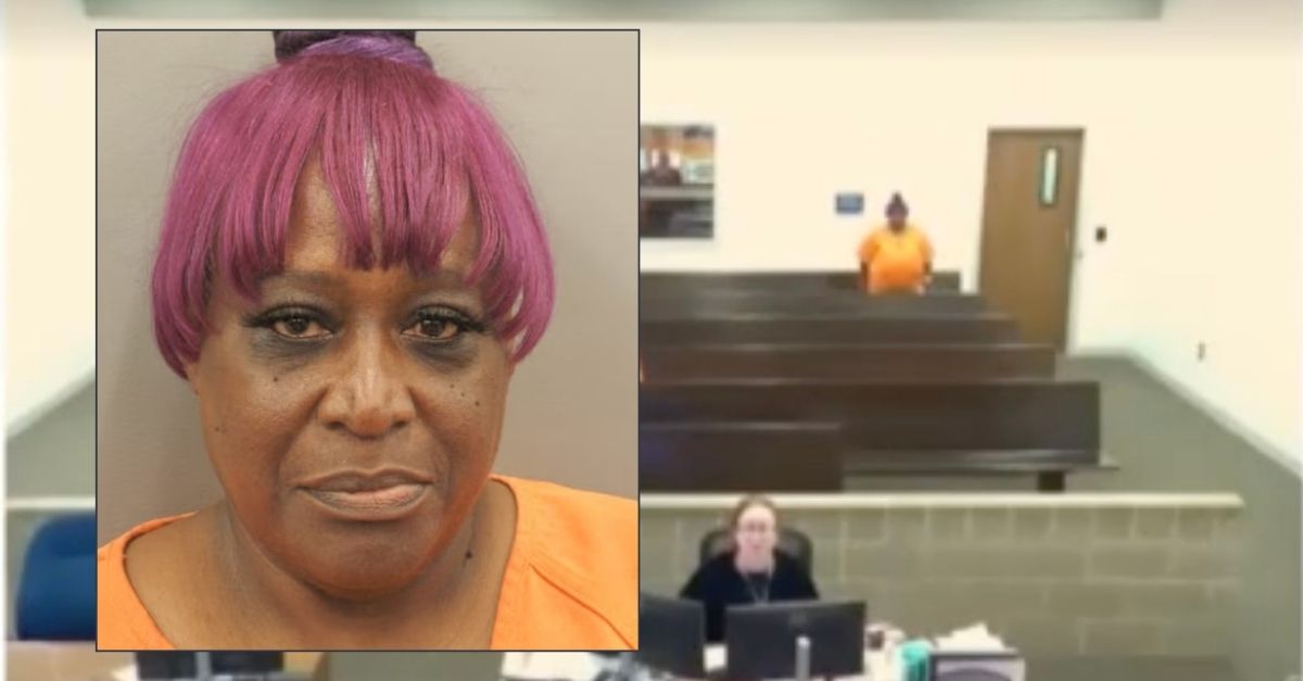 Inset: Rose Marie Anderson (Houston Police Department). Background: Anderson appearing in court in Harris County following her arrest (KTRK).