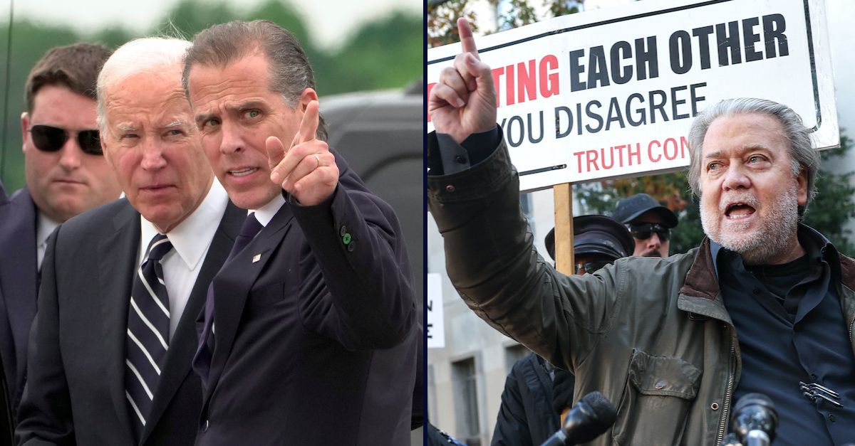 Left: President Joe Biden talks with his son Hunter Biden as he arrives at Delaware Air National Guard Base in New Castle, Del., Tuesday, June 11, 2024. (AP Photo/Manuel Balce Ceneta). Steve Bannon speaks to the media as he arrives at federal court to be sentenced on Oct. 21, 2022 in Washington, D.C. (Kevin Dietsch/Getty Images).