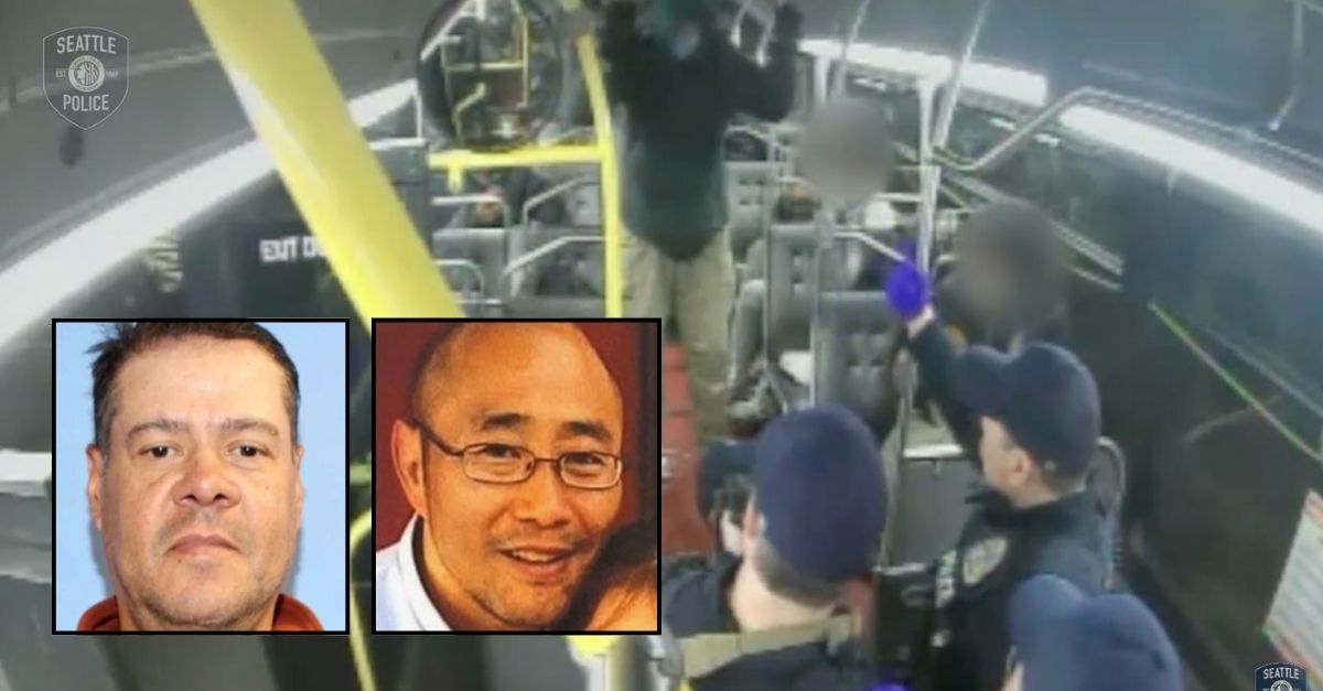 Insets: Suspect Richard Sitzlack and Seattle bus driver Shawn Yim (Seattle Police Department/King County Metro Transit). Background: Richard Sitzlack being captured by Seattle Police (SPD).