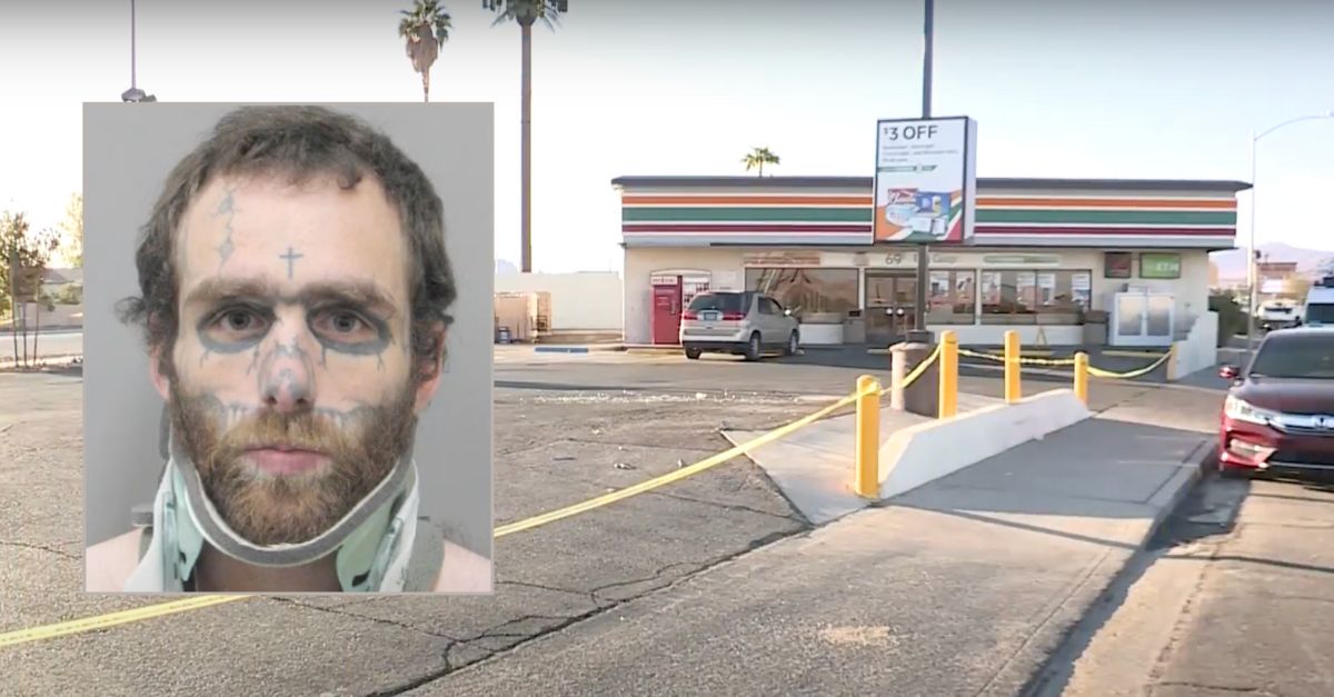 Inset: Christopher McDonnell (Henderson Police Department via KLAS). Background: The location of a deadly shooting in Henderson, Nevada (KLAS).