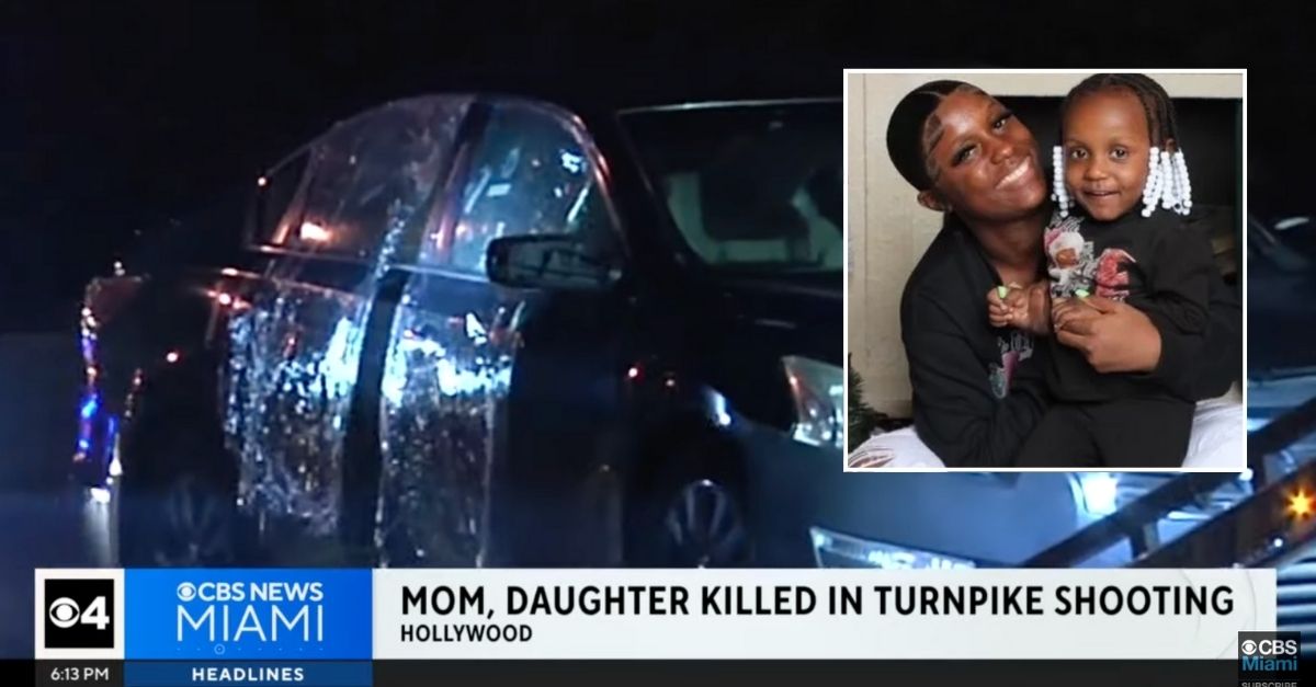 Inset: Beatrice Saintvil and her daughter Janelle (GoFundMe). Background: The car Beatrice Saintvil and her daughter were sitting in when they were shot and killed (WFOR/YouTube). 