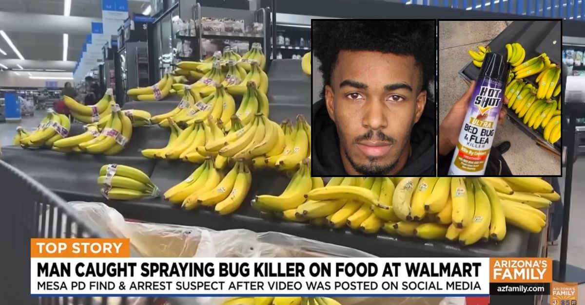 Insets: Charles Smith, known on TikTok as Wolfie Kahletti, showing the pesticide he is accused of spraying on public produce (Mesa Police Department). Background: Bananas at at an Arizona Walmart where Charles Smith allegedly sprayed pesticide on produce (KPHO/YouTube). 