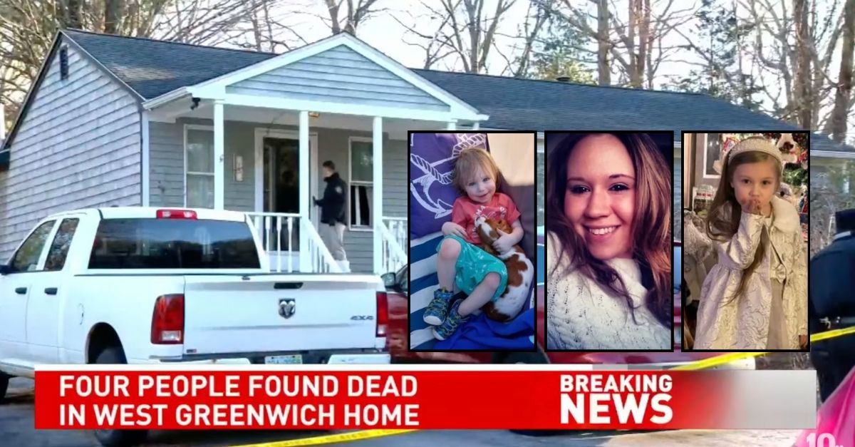 Insets: Danielle Arruda, 5-year-old Adel Arruda and 2-year-old Felex Arruda (GoFundMe). Background: The home where Nicholas Arruda murdered his family and took his own life (WJAR/YouTube).