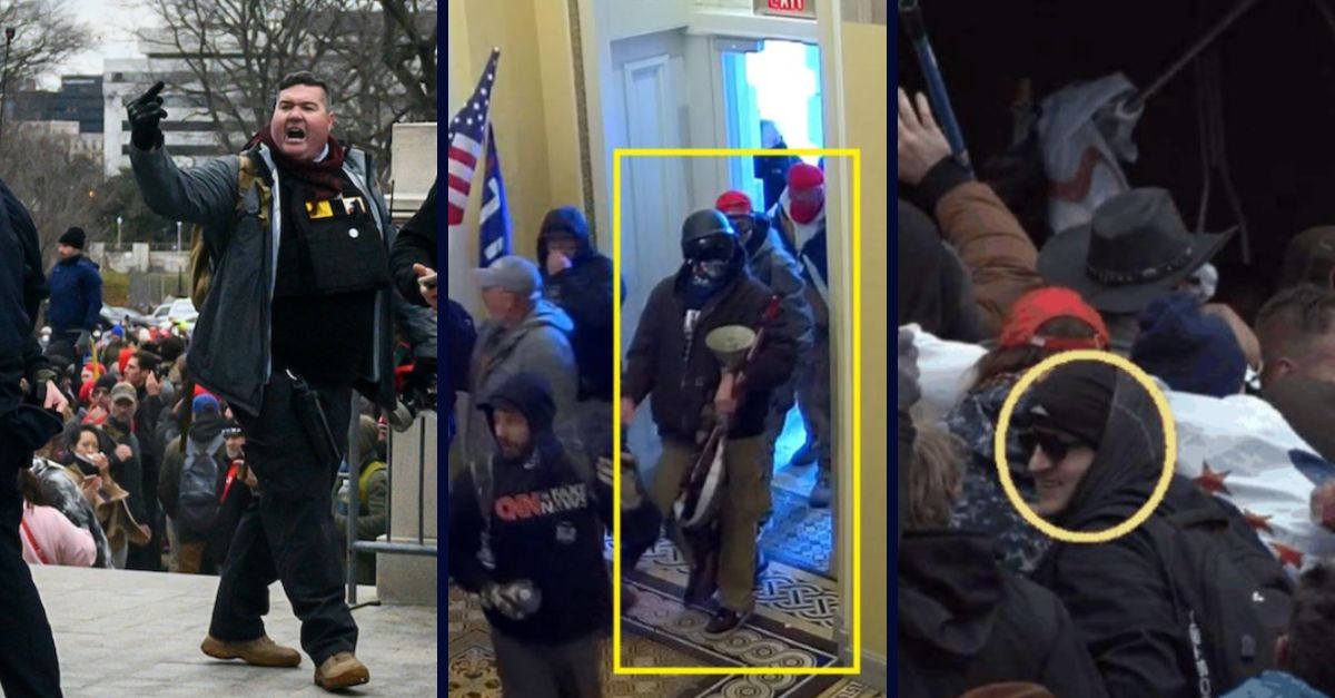 Left: Russell Taylor at the Capitol on Jan. 6 (Department of Justice). Center: A photo that DOJ prosecutors say is Christopher Belliveau inside the U.S. Capitol (Department of Justice). Right: A photo that DOJ prosecutors say is Thomas Tatum at the U.S. Capitol (Department of Justice). 