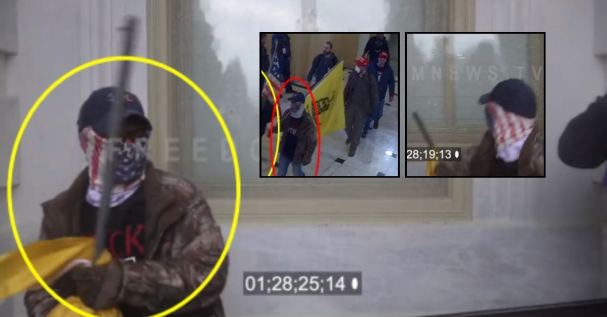 Background: Justin LaGesse walking away from a U.S. Capitol window that he attacked with a flagpole (Department of Justice/United States Attorney