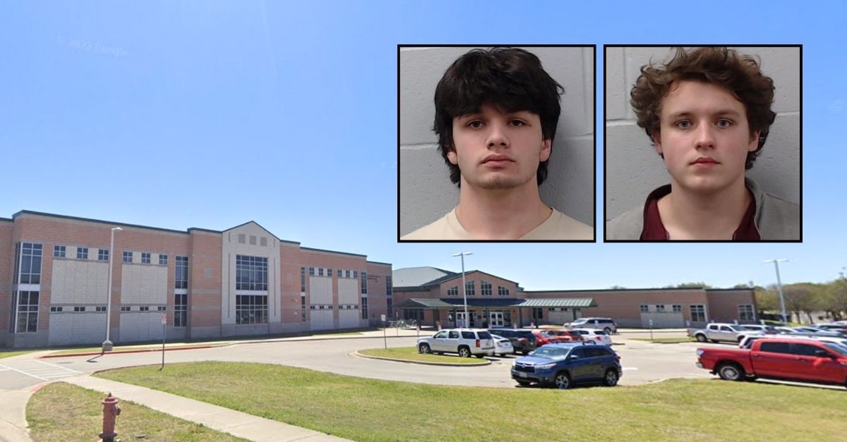Insets: Kaine Villareal and Lane Burch (Kyle Police Department). Background: Negley Elementary School in Kyle, Texas (Google Maps).
