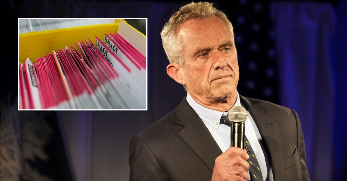 Background: Robert F. Kennedy Jr. speaks during a campaign event, Tuesday, Nov. 14, 2023, in Columbia, S.C. (AP Photo/Meg Kinnard). Background: Submitted ballots fill organizing crates at the Multnomah County Elections Office on November 2, 2020 in Portland, Oregon (Photo by Nathan Howard/Getty Images).