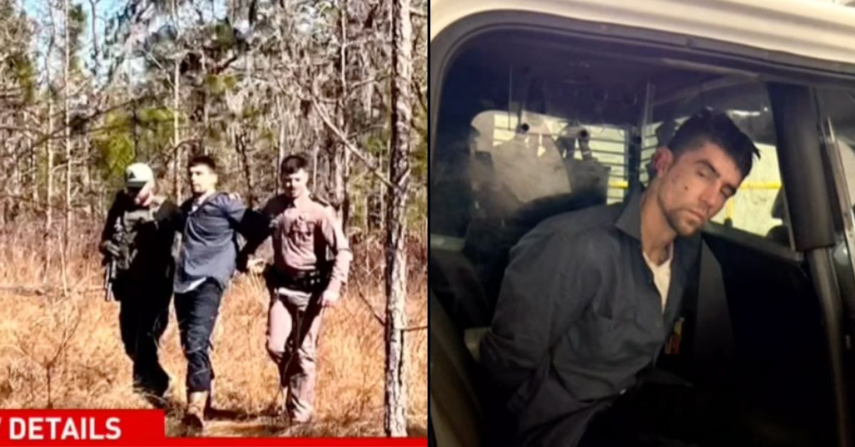 Background: Toby White being apprehended by authorities in Suwannee County, Florida (WEAR/YouTube). Inset: Toby White in police custody (Suwannee County Sheriff's Office/WEAR/YouTube). 