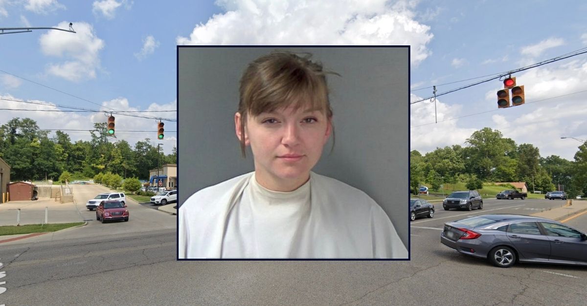 Inset: Ashley Gibson (Monroe County Jail). Background: The corner of E. 3rd Street in Bloomington, Indiana where Gibson was arrested (Google Maps).