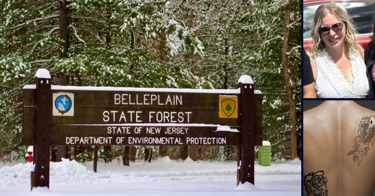 Clockwise from left: Belleplain State Forest sign (Belleplain State Forest, NJ), Laura Hughes (GoFundMe), and the composite sketch of the tattoos on the body found in the refrigerator in December 2024 (NJ State Police).