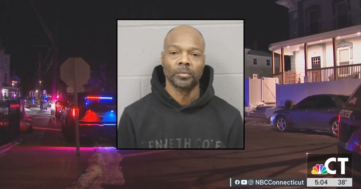 Christopher Raye mugshot in front of news footage of his home