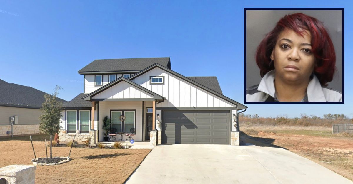 Inset: Rita Tate (McLennan County Jail). Background: The home where she allegedly attacked her husband with a knife because he got the wrong Valentine