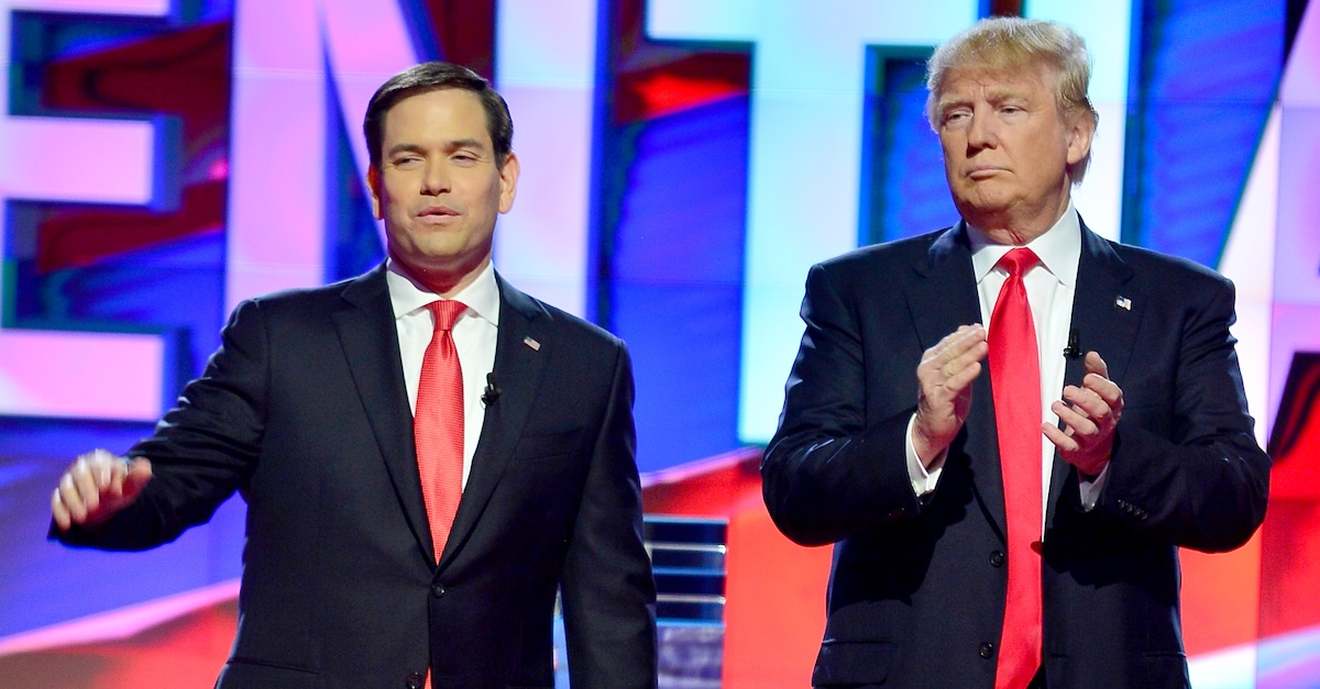 CORAL GABLES, FL - MARCH 10: Republican presidential candidates, Sen. Marco Rubio (R-FL) and Donald Trump arrive for the start of the CNN, Salem Media Group, The Washington Times Republican Presidential Primary Debate on the campus of the University of Miami on March 10, 2016 in Coral Gables, Florida. The candidates continue to campaign before the March 15th Florida primary. (Photo by JL) *** Please Use Credit from Credit Field *** (Sipa via AP Images)