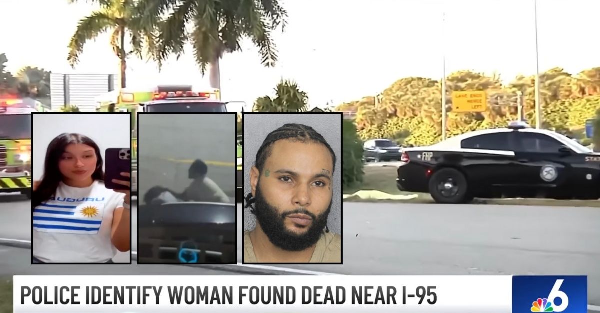 Left inset: Nahomi Cittadini (WPLG/YouTube). Center inset: Lorent Pion allegedly attacking Nahomi Cittadini on video in August 2024 (WPLG/YouTube). Right inset: Lorent Pion (WPLG/YouTube). Background: The area of Interstate 95 in Florida where Nahomi Cittadini was found dead on Dec. 7, 2024 (WPLG/YouTube).