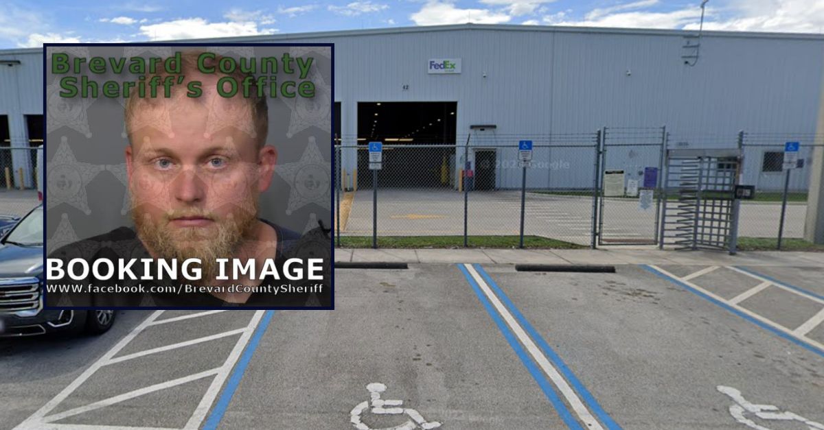 Alexander Lefort appears in a booking photo inset against an image of the FedEx location where he allegedly shot himself in Florida.