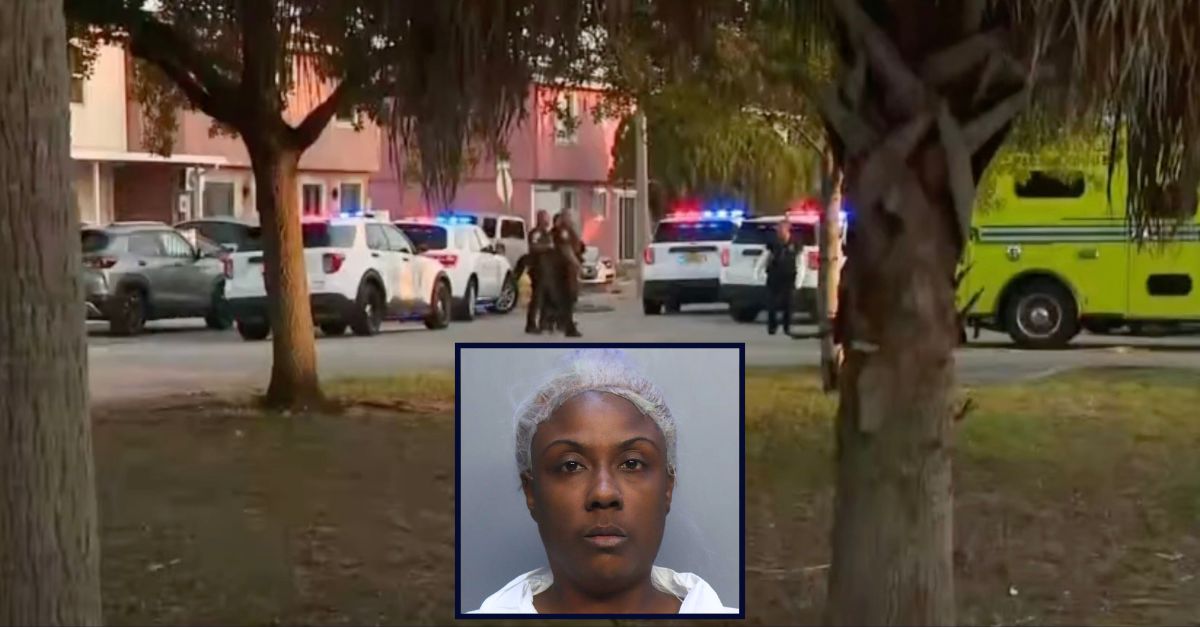 Inset: Shaneeka Daschell Harris (Turner Guilford Knight Correctional Center). Background: Authorities at the home where Harris allegedly shot her husband and son (WFOR).